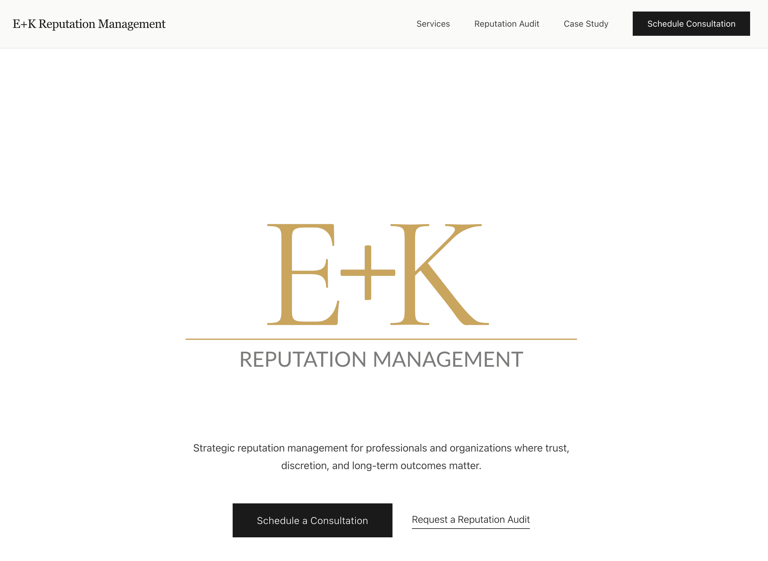 Screenshot of E+K Reputation Management - Professional services website