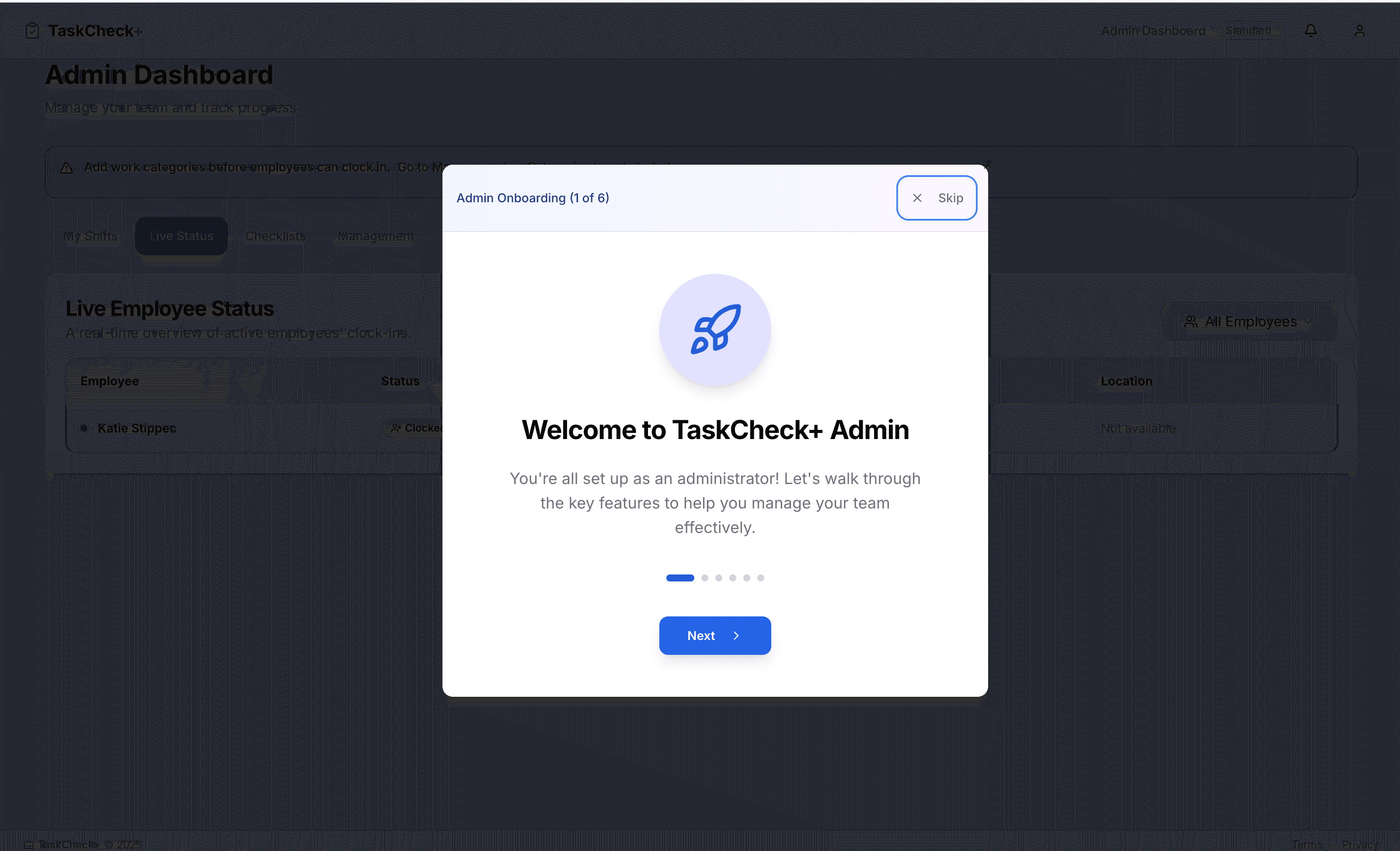 Screenshot of TaskCheck+ - Ops app: time + tasks + admin workflows
